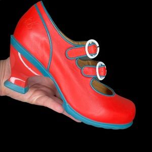 John Fluevog orange and teal Mary Jane strappy shoes size 9